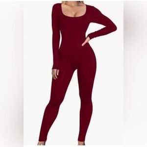 Long Sleeve Bodycon Jumpsuit - Red
